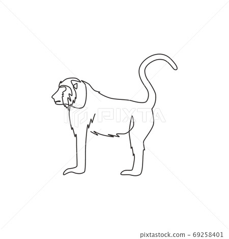 Single continuous line drawing of walking baboon for national zoo logo identity 69258401