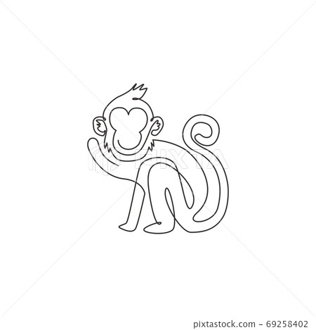 Single continuous line drawing of cute walking monkey for national zoo logo identity 69258402