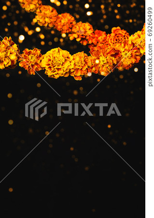 Marigold flowers Garlands and bokeh. Dia de los Marigold flowers Garlands and bokeh. Dia de los 69260499