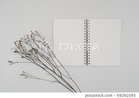 Blank spiral bound sketchbook or journal diary with Limonium dry flower. Mock-up of stationary. Top view of empty drawing book on white background. Flat lay minimalism style. 69262893