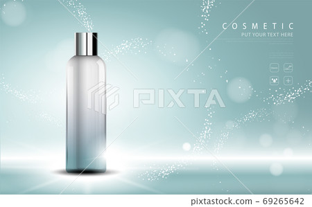 cosmetic product poster, bottle package design with moisturizer cream or liquid, sparkling background with glitter polka, vector design. 69265642