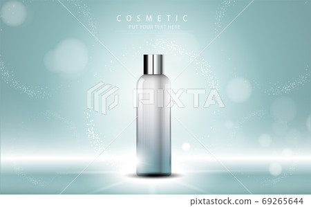 cosmetic product poster, bottle package design with moisturizer cream or liquid, sparkling background with glitter polka, vector design. cosmetic product poster, bottle package design with moisturizer cream or liquid, sparkling background with glitter polka, vector design. 69265644