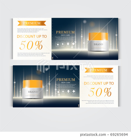 Gift voucher hydrating facial serum for annual sale or festival sale. silver and gold serum mask bottle isolated on glitter particles background. Banner graceful cosmetic ads. 69265694