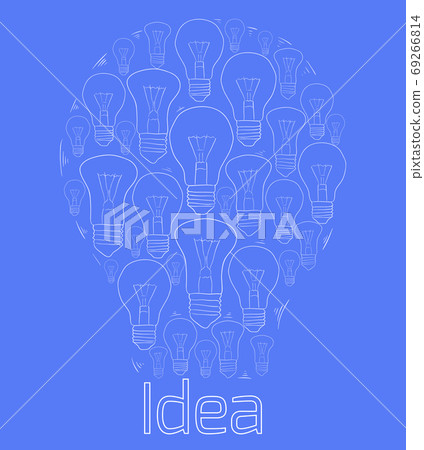 Contour illustration of bulbs in the form of a large light bulb on a blue background. Contour illustration of bulbs in the form of a large light bulb on a blue background. 69266814