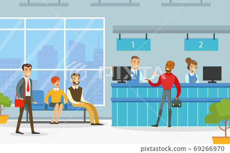 Bank Office Interior with Managers Providing Services to Customers, Financial Bank Service Vector Illustration Bank Office Interior with Managers Providing Services to Customers, Financial Bank Service Vector Illustration 69266970