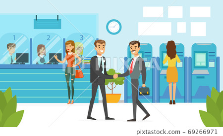 Bank Office Interior with Meeting People and Managers Consulting Clients, Financial Bank Service Vector Illustration Bank Office Interior with Meeting People and Managers Consulting Clients, Financial Bank Service Vector Illustration 69266971