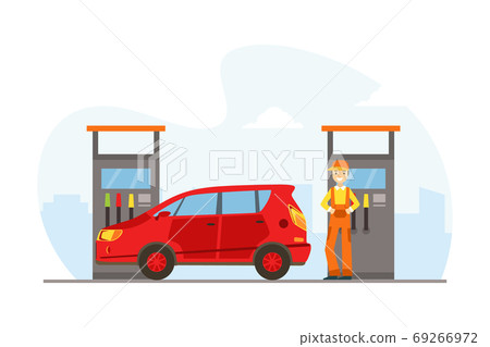 Gas Station Worker Standing next to Fuel Dispenser Filling up Fuel into Red Car Cartoon Vector Illustration Gas Station Worker Standing next to Fuel Dispenser Filling up Fuel into Red Car Cartoon Vector Illustration 69266972