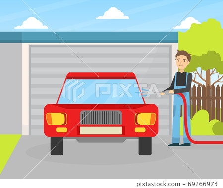 Car Wash Service, Male Worker Character in Overalls Washing Car Vector Illustration Car Wash Service, Male Worker Character in Overalls Washing Car Vector Illustration 69266973
