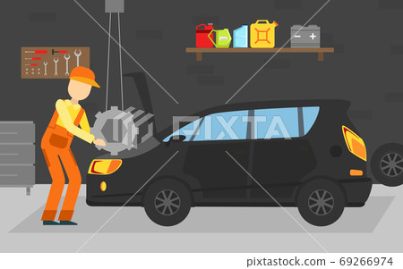 Car Repair Service, Auto Mechanic Character in Overalls Fixing Car Vector Illustration Car Repair Service, Auto Mechanic Character in Overalls Fixing Car Vector Illustration 69266974