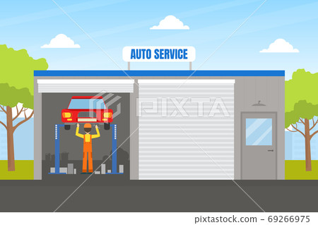 Auto Repair Service, Auto Mechanic Character in Overalls Repairing Car Lifted on Hoist Vector Illustration 69266975