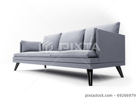 Grey couch with pillows on studio white background. 69266979