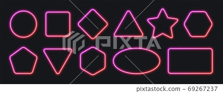 Neon gradient frames set, collection of pink-red glowing borders isolated on a dark background. 69267237