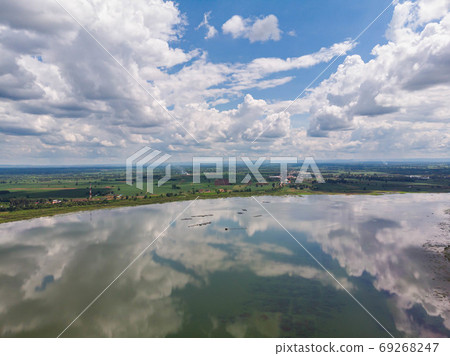 Drone shot aerial view scenic landscape of river reservoir dam a 69268247