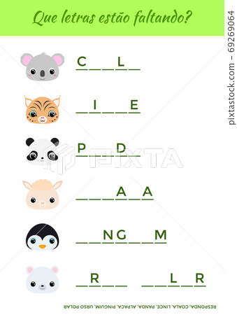 Que letras estao faltando? - What letters are missing? Complete the words. Matching educational game for children with cute animals. Educational activity page for study Portuguese. 69269064