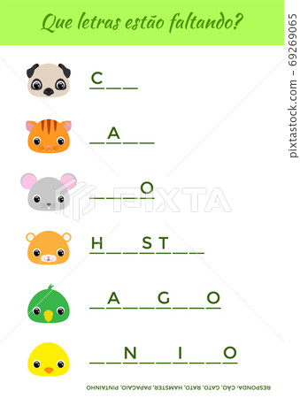 Que letras estao faltando? - What letters are missing? Complete the words. Matching educational game for children with cute animals. Educational activity page for study Portuguese. 69269065
