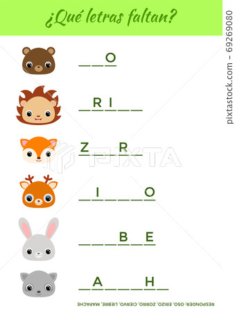 Que letras faltan? - What letters are missing? Complete the words. Matching educational game for children with cute animals. Educational activity page for study Spanish. 69269080