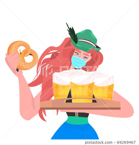 woman in medical mask holding beer mugs and salty pretzel Oktoberfest party celebration coronavirus quarantine concept girl in german traditional clothes portrait vector illustration 69269467