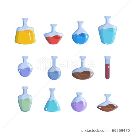Magic bottles. Alchemy potion elemental magic 2d game items vector colored illustrations Magic bottles. Alchemy potion elemental magic 2d game items vector colored illustrations 69269470