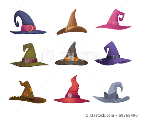 Halloween hat. Cap for witch scary symbols for halloween party celebration fashioned black female clothes vector illustrations 69269490