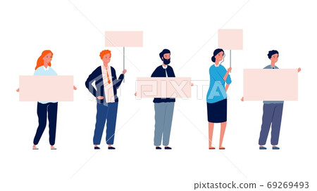 Protest people. Demonstration woman man with placards. Isolated flat characters holding banners vector illustration Protest people. Demonstration woman man with placards. Isolated flat characters holding banners vector illustration 69269493