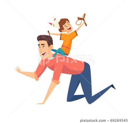 Game of indians. Father and son laughing, isolated cartoon family. Happy boy with feathers in hair sit on dad vector illustration Game of indians. Father and son laughing, isolated cartoon family. Happy boy with feathers in hair sit on dad vector illustration 69269545