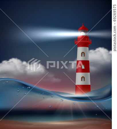 Lighthouse in ocean. Night marine landscape with lighthouse for ship navigation vector realistic background 69269575