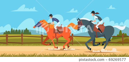 Equestrian sport background. People rides on race horse outdoor vector illustrations in cartoon style 69269577