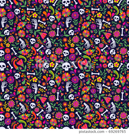 Seamless vector pattern with mexican elements - guitar, sombrero, tequila, taco, skull on dark. Perfect artistic background for your design. Dias de los muertos. Translate-Feast of death. 69269765