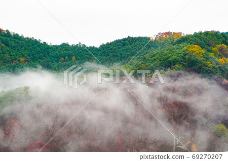 Yoshino mountains in late autumn wrapped in morning mist 69270207