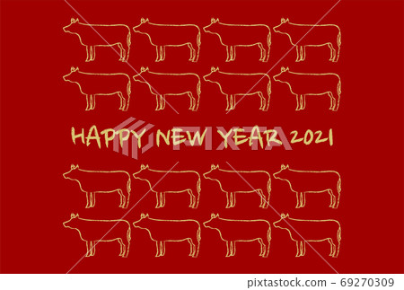新年賀卡：2021牛年紅襯牛設計插圖紅色 69270309