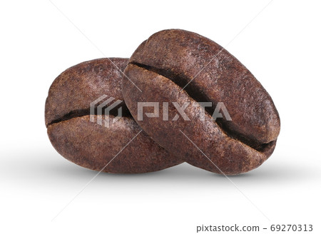 Freshly roasted coffee beans isolated on white background. Close-up of two shiny coffee beans with shadows. Morning scented drink and refreshing idea for start new day. Freshly roasted coffee beans isolated on white background. Close-up of two shiny coffee beans with shadows. Morning scented drink and refreshing idea for start new day. 69270313
