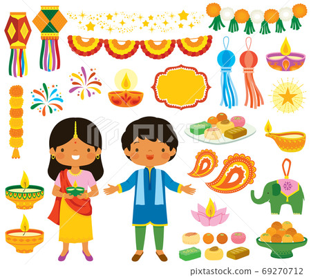 Diwali clipart set. Various symbols of the Indian festival of lights with children, oil lamps, decorations and traditional sweets. 69270712