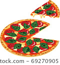 Illustration of Italian food pizza with cheese and salami and basil 69270905