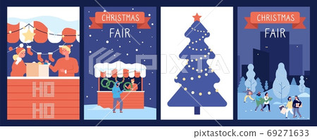 Christmas market cards. Holiday poster, new year or xmas fair, festive decorations. Happy cartoon people and red counters, winter time vector illustration Christmas market cards. Holiday poster, new year or xmas fair, festive decorations. Happy cartoon people and red counters, winter time vector illustration 69271633
