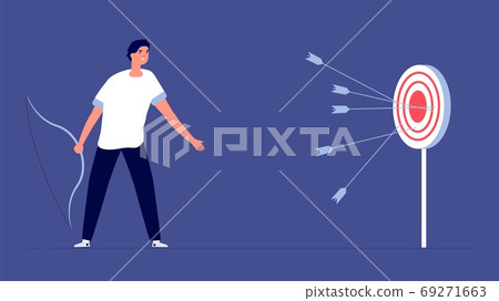 Arrow past target. Upset man, business failure metaphor. Bad startup, fail investments or financial bankruptcy vector illustration 69271663