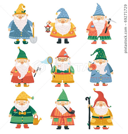 Gnome characters. Cartoon garden dwarf, cute beard men. Season spring summer gardening fantasy funny decoration for lawn vector illustration 69271729