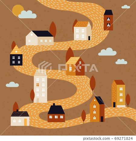Autumn landscape. Fall city street background, village or suburb life. Rural neighborhood, cute tiny houses in abstract forest Autumn landscape. Fall city street background, village or suburb life. Rural neighborhood, cute tiny houses in abstract forest 69271824