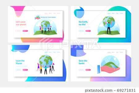 World in Hands Landing Page Template Set. Characters Stand in Circle on Huge Map Hold Earth Globe. Earth Day Celebration 69271831