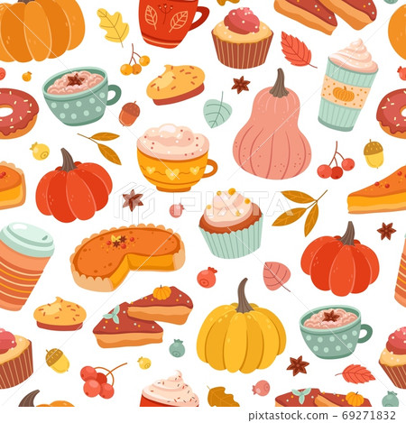 Autumn pumpkin pattern. Pumpkins spice, cinnamon hot drink and pastry print. Thanksgiving food, pie cake coffee vector seamless texture 69271832