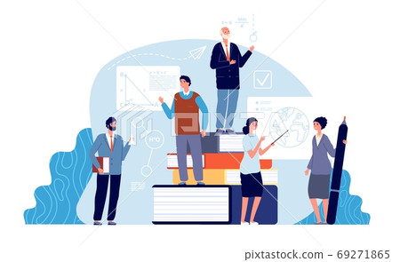 Teachers concept. Academics, school education world. Tiny professors of college. Mathematics geography chemistry teacher vector illustration Teachers concept. Academics, school education world. Tiny professors of college. Mathematics geography chemistry teacher vector illustration 69271865
