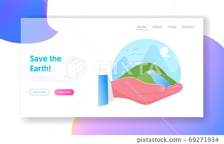 Huge Human Hand Holding Piece of Nature Landscape Landing Page Template. Green Hills with River under Blue Cloudy Sky 69271934