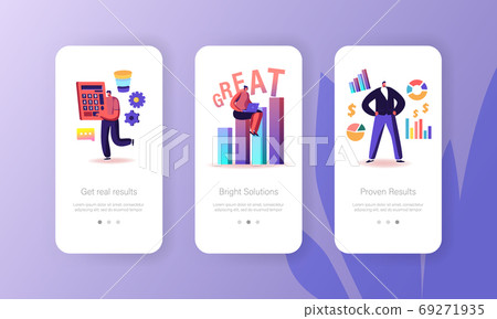 Business Mobile App Page Onboard Screen Template. Tiny People with Huge Office Stationery, Calculator, Working Process Business Mobile App Page Onboard Screen Template. Tiny People with Huge Office Stationery, Calculator, Working Process 69271935