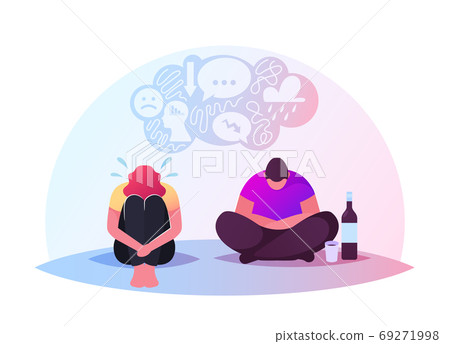 Drunk Characters Sitting on Floor in Depressed Mood with Wine Bottle and Bowed Head. Depression, Bipolar Disorder Drunk Characters Sitting on Floor in Depressed Mood with Wine Bottle and Bowed Head. Depression, Bipolar Disorder 69271998