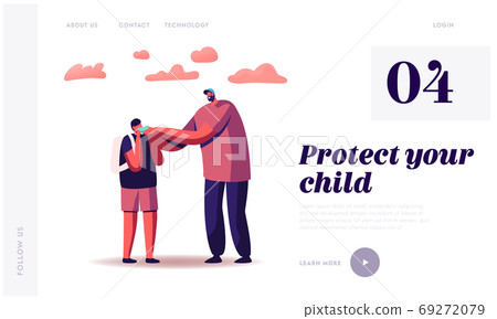 Back to School at Pandemic Landing Page Template. Father Character Help to Dress on Medical Mask to Son Pupil or Student Back to School at Pandemic Landing Page Template. Father Character Help to Dress on Medical Mask to Son Pupil or Student 69272079