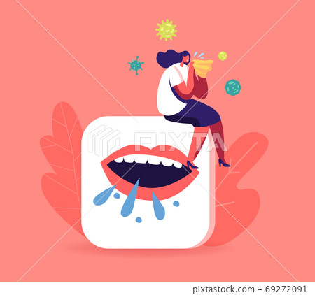Ill Female Character with Wipe in Hand Sneezing with Runny Nose. Diseased Woman with Weak Immunity Suffering of Virus Ill Female Character with Wipe in Hand Sneezing with Runny Nose. Diseased Woman with Weak Immunity Suffering of Virus 69272091