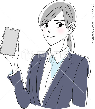 A pretty woman with long hair in a suit and holding a smartphone 69272372