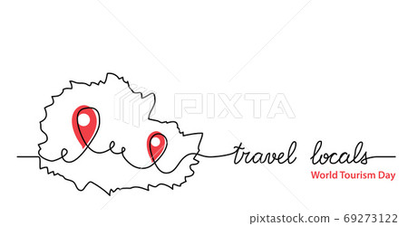 Travel locals simple web banner with pinpoint icon. Vector minimalist background. One continuous line drawing with lettering travel locals Travel locals simple web banner with pinpoint icon. Vector minimalist background. One continuous line drawing with lettering travel locals 69273122