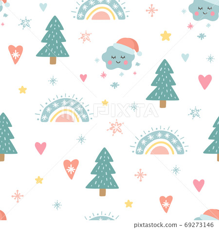 Christmas seamless pattern with cute funny characters. Unique decoration with rainbow, christmas tree, clouds, snowflakes, santa hat, sun and balls. Trendy Holiday design element. Vector illustration Christmas seamless pattern with cute funny characters. Unique decoration with rainbow, christmas tree, clouds, snowflakes, santa hat, sun and balls. Trendy Holiday design element. Vector illustration 69273146