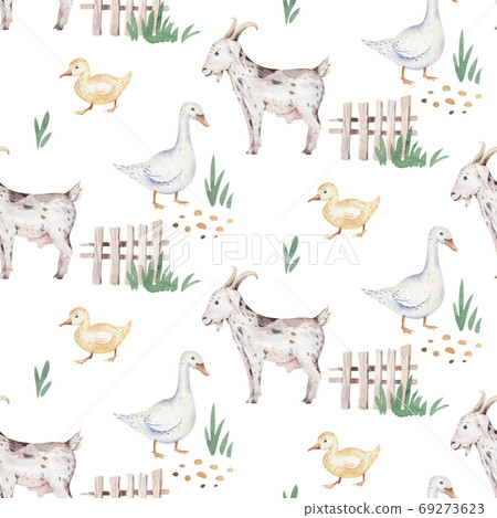 Watercolor seamless pattern with cute farm animals with goat, horse, goose and cow. chicken, sheep and pig domestic animal illustration. 69273623