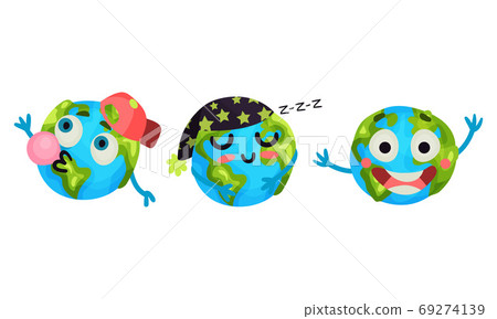 Humanized Globe Sphere Sleeping and Chewing Gum Vector Set Humanized Globe Sphere Sleeping and Chewing Gum Vector Set 69274139